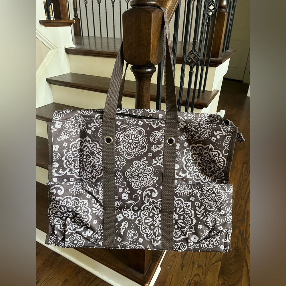 thirty-one New in Bag Super Organizing Tote in Brown Floral Woodblock - Picture 2 of 10